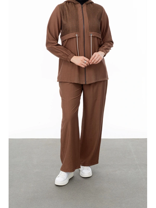 BELDEN ALLERLİ FİLELİ PANTOLON TAKIM - KAHVE