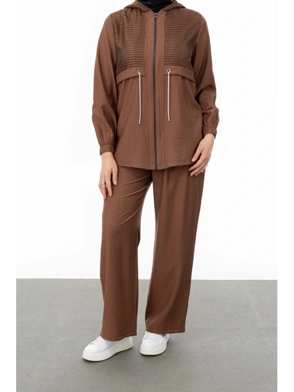 BELDEN ALLERLİ FİLELİ PANTOLON TAKIM - KAHVE