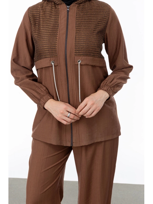 BELDEN ALLERLİ FİLELİ PANTOLON TAKIM - KAHVE