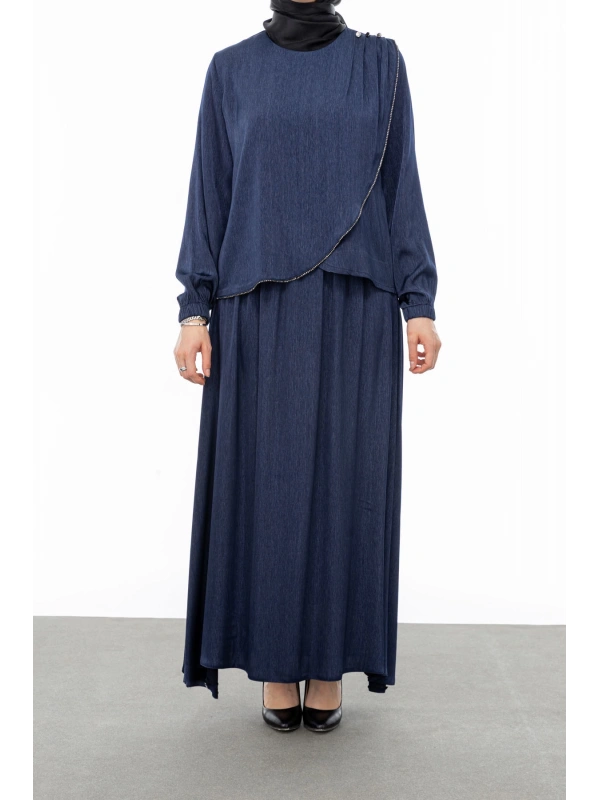 TAŞ BİYE DETAYLI ETEK TAKIM - LACİVERT