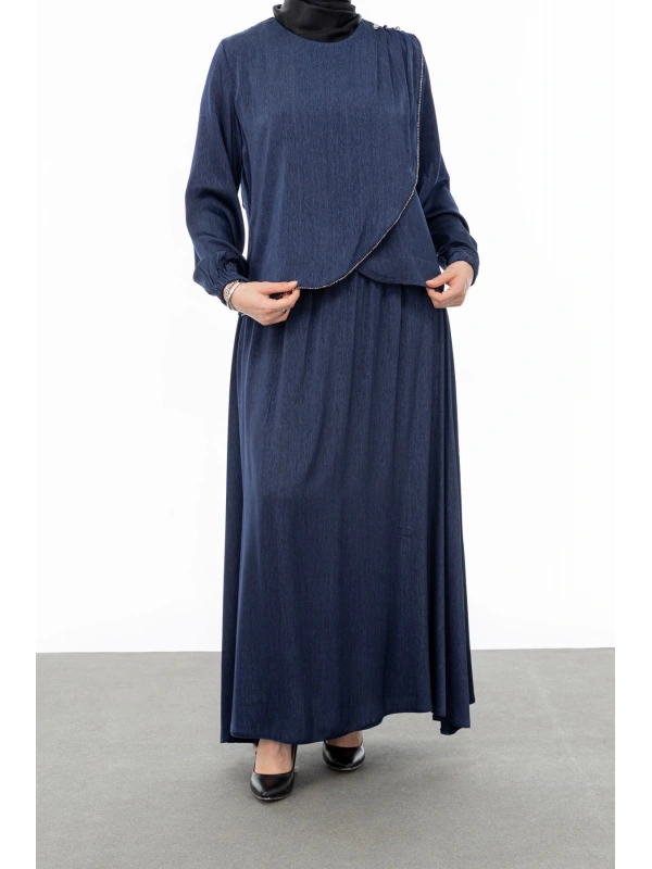 TAŞ BİYE DETAYLI ETEK TAKIM - LACİVERT