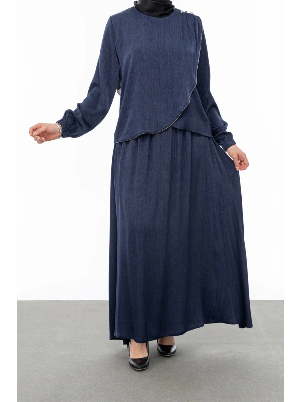 TAŞ BİYE DETAYLI ETEK TAKIM - LACİVERT