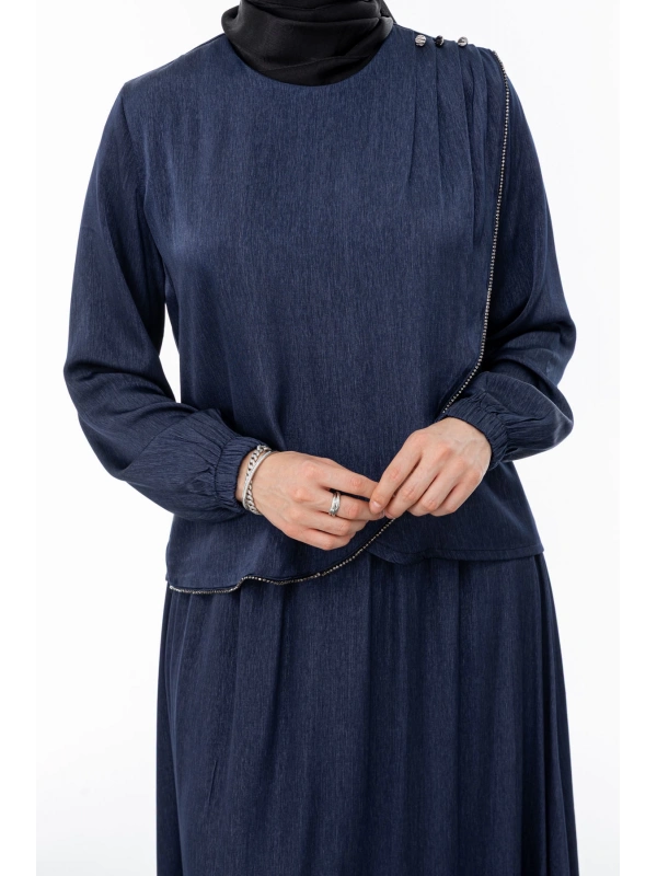 TAŞ BİYE DETAYLI ETEK TAKIM - LACİVERT