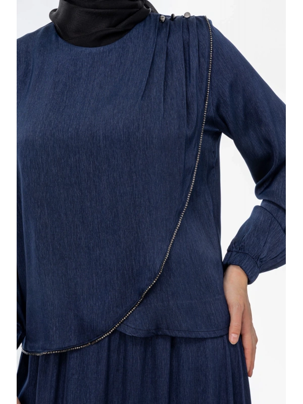 TAŞ BİYE DETAYLI ETEK TAKIM - LACİVERT