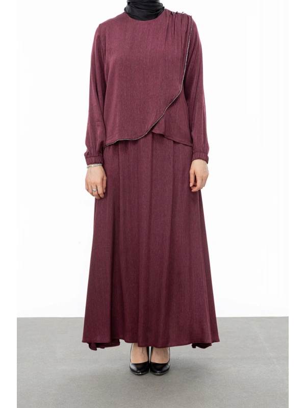 TAŞ BİYE DETAYLI ETEK TAKIM - BORDO