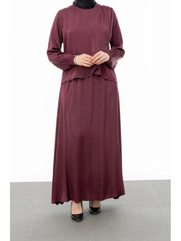 TAŞ BİYE DETAYLI ETEK TAKIM - BORDO