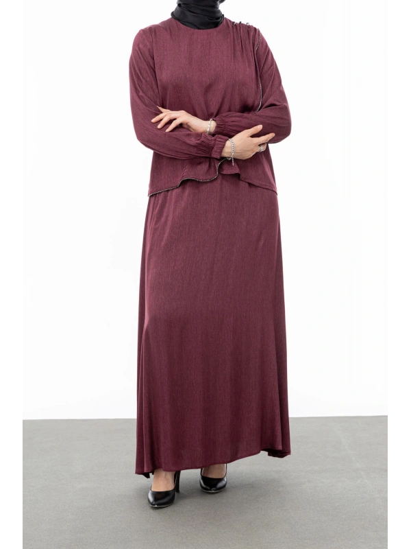 TAŞ BİYE DETAYLI ETEK TAKIM - BORDO