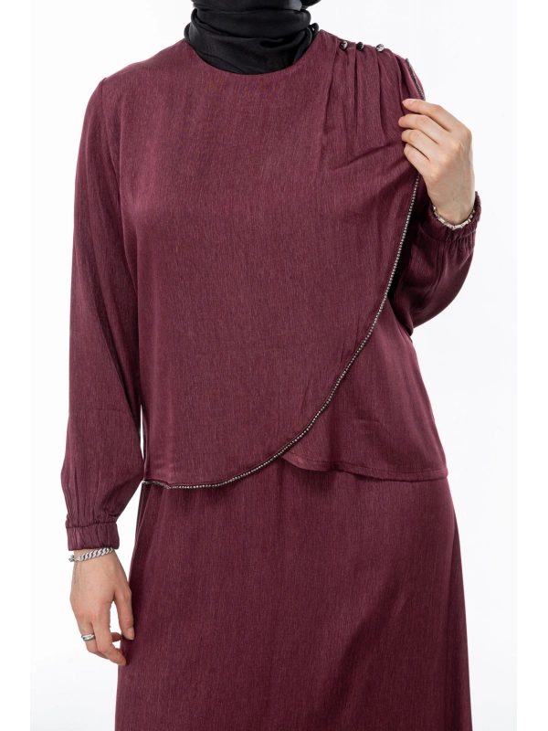 TAŞ BİYE DETAYLI ETEK TAKIM - BORDO