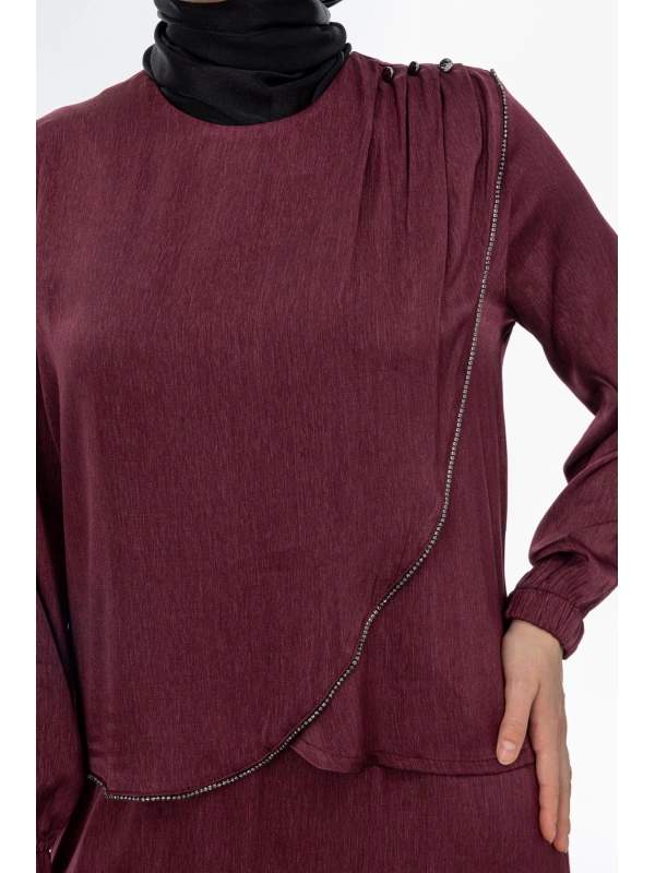 TAŞ BİYE DETAYLI ETEK TAKIM - BORDO