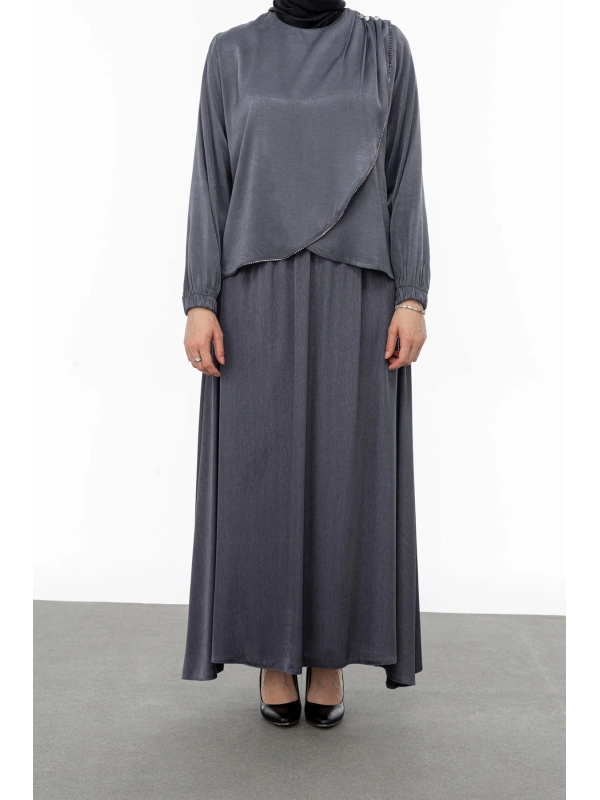 TAŞ BİYE DETAYLI ETEK TAKIM - GRİ