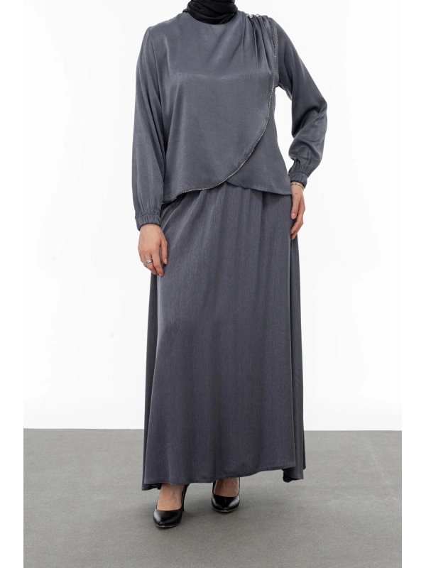 TAŞ BİYE DETAYLI ETEK TAKIM - GRİ