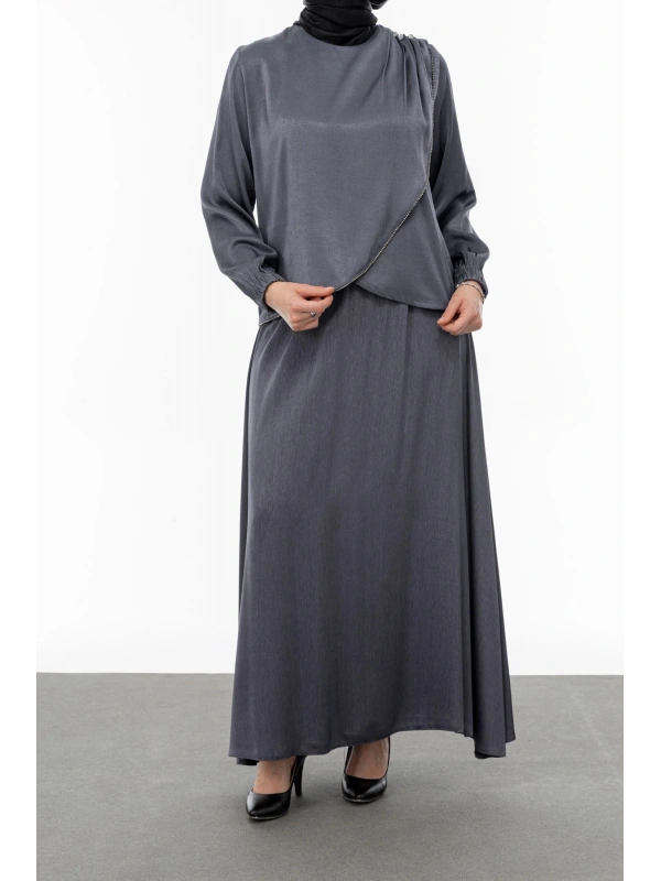 TAŞ BİYE DETAYLI ETEK TAKIM - GRİ