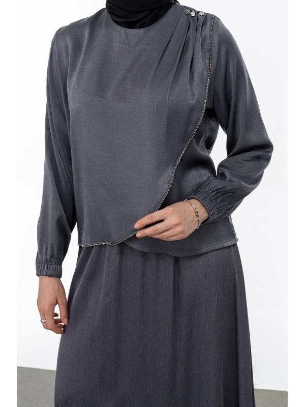 TAŞ BİYE DETAYLI ETEK TAKIM - GRİ