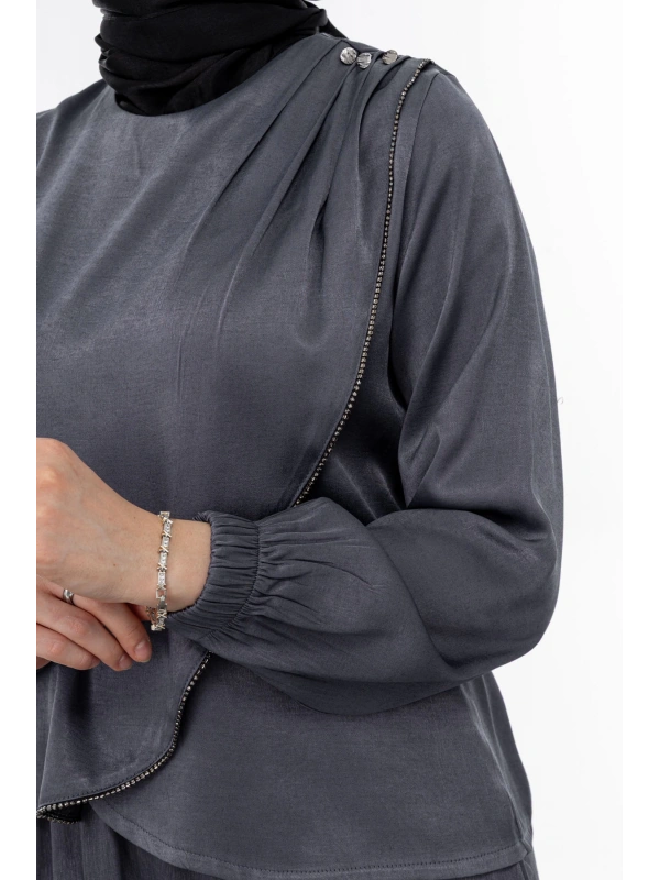 TAŞ BİYE DETAYLI ETEK TAKIM - GRİ