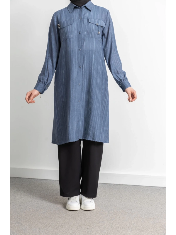 ROBADAN CEP DETAYLI KLASİK TUNİK - İNDİGO