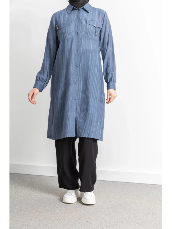 ROBADAN CEP DETAYLI KLASİK TUNİK - İNDİGO