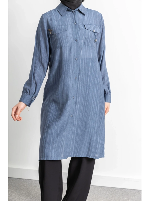 ROBADAN CEP DETAYLI KLASİK TUNİK - İNDİGO