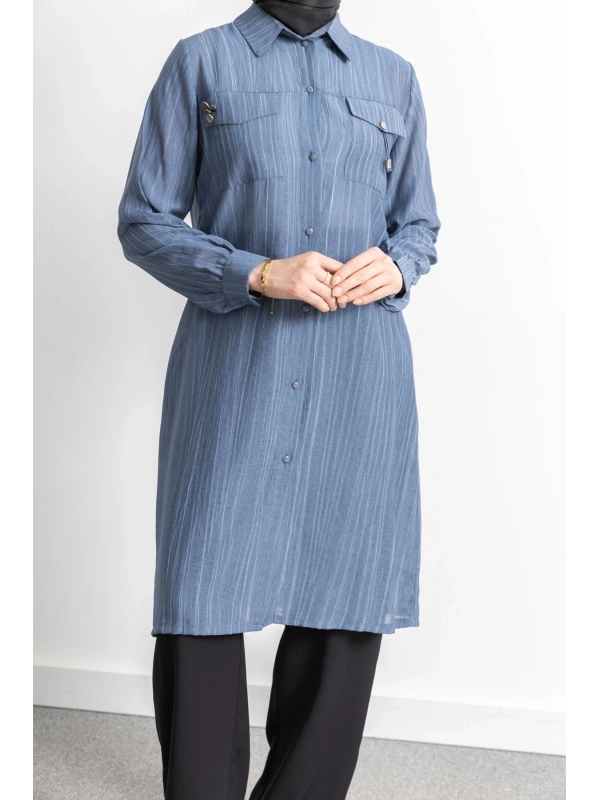 ROBADAN CEP DETAYLI KLASİK TUNİK - İNDİGO