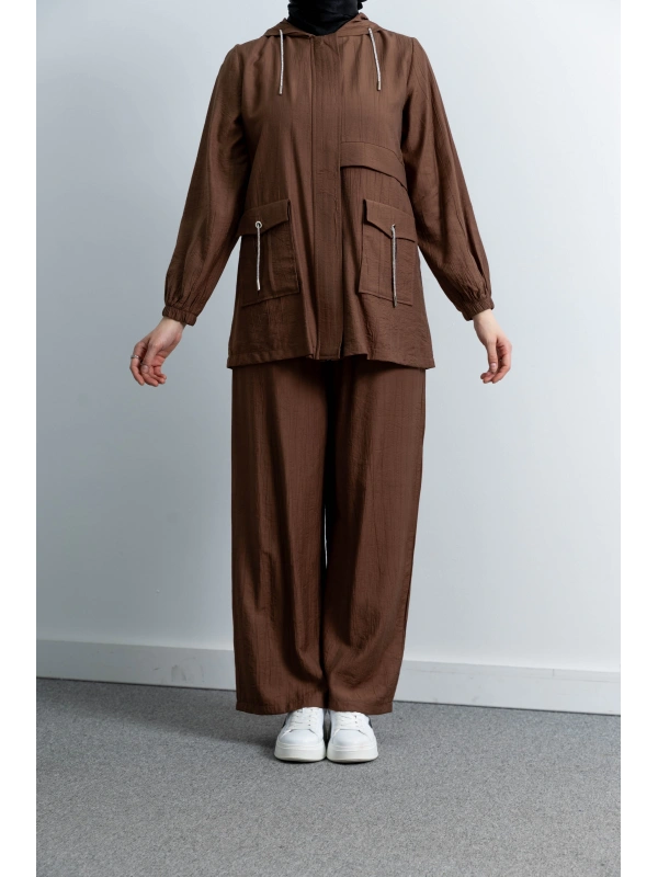 Letafet Cep Detaylı Pantolonlu Takım - KAHVE