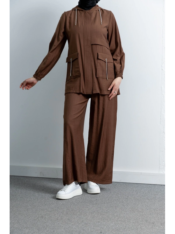 Letafet Cep Detaylı Pantolonlu Takım - KAHVE