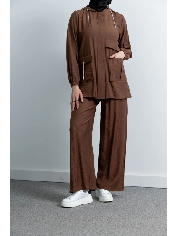 Letafet Cep Detaylı Pantolonlu Takım - KAHVE