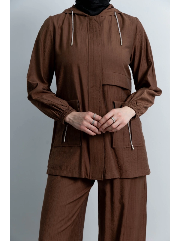 Letafet Cep Detaylı Pantolonlu Takım - KAHVE
