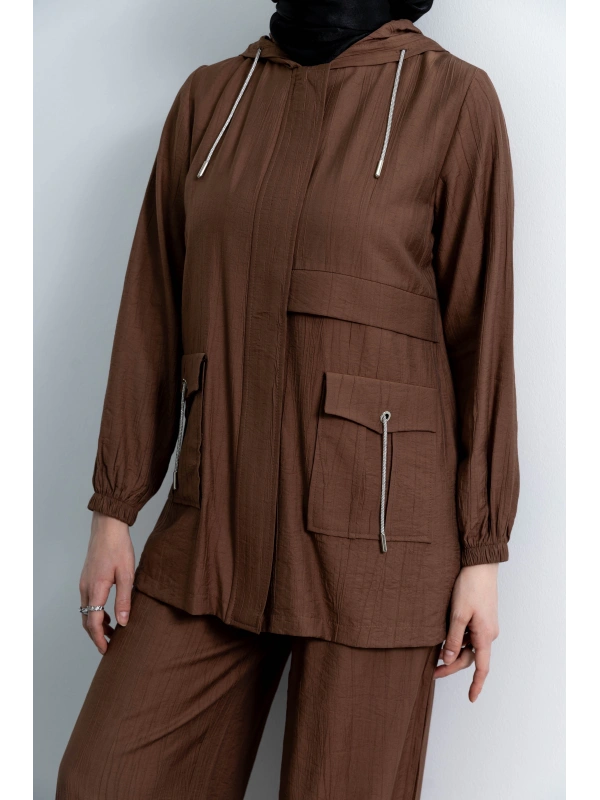 Letafet Cep Detaylı Pantolonlu Takım - KAHVE