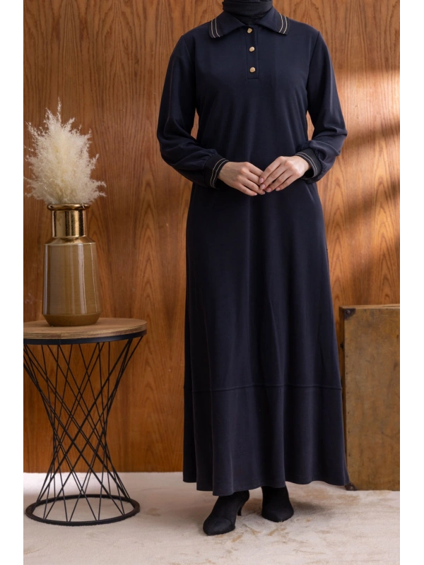 YAKASI VE MANŞETİ RİBANALI ELBİSE - SİYAH