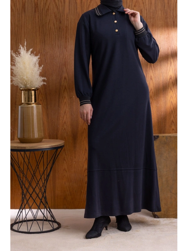 YAKASI VE MANŞETİ RİBANALI ELBİSE - SİYAH