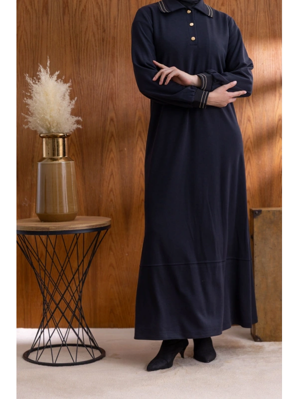 YAKASI VE MANŞETİ RİBANALI ELBİSE - SİYAH