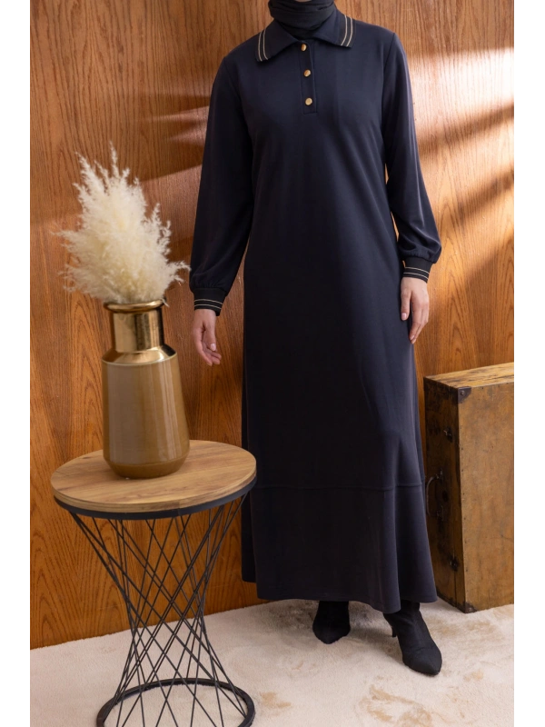 YAKASI VE MANŞETİ RİBANALI ELBİSE - SİYAH