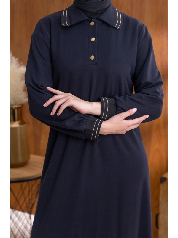 YAKASI VE MANŞETİ RİBANALI ELBİSE - SİYAH