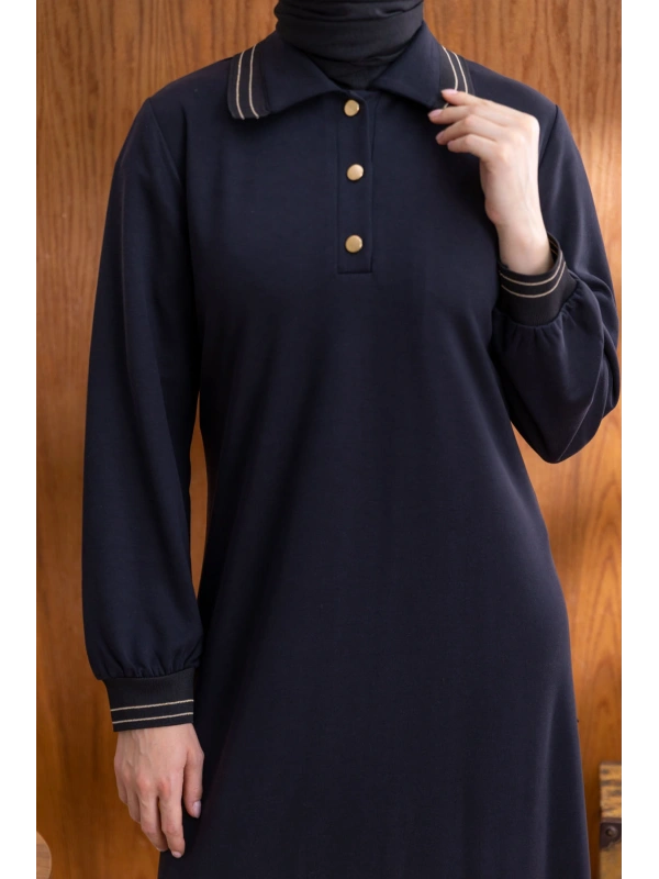 YAKASI VE MANŞETİ RİBANALI ELBİSE - SİYAH