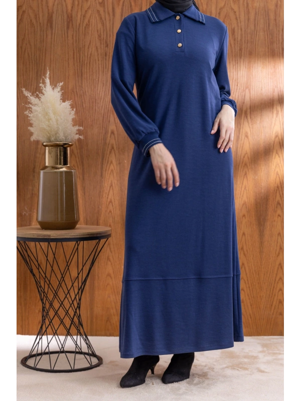 YAKASI VE MANŞETİ RİBANALI ELBİSE - LACİVERT