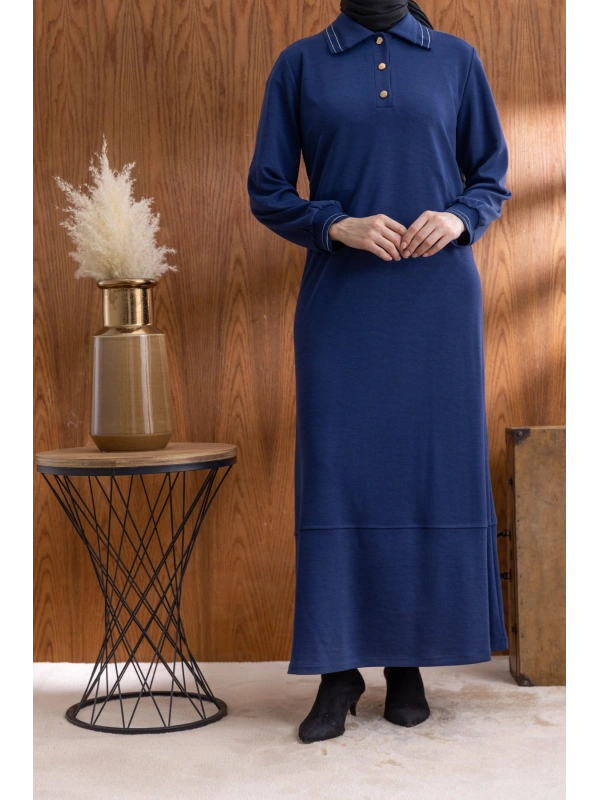 YAKASI VE MANŞETİ RİBANALI ELBİSE - LACİVERT