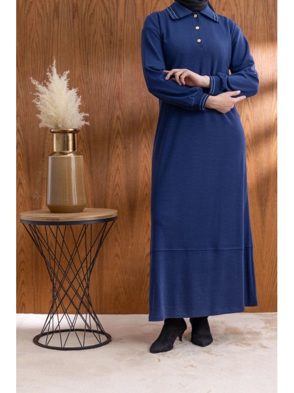 YAKASI VE MANŞETİ RİBANALI ELBİSE - LACİVERT