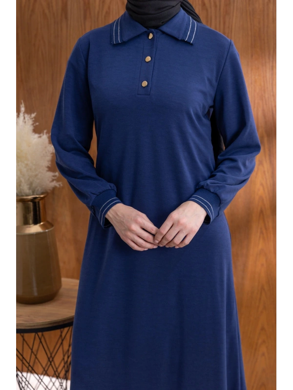 YAKASI VE MANŞETİ RİBANALI ELBİSE - LACİVERT