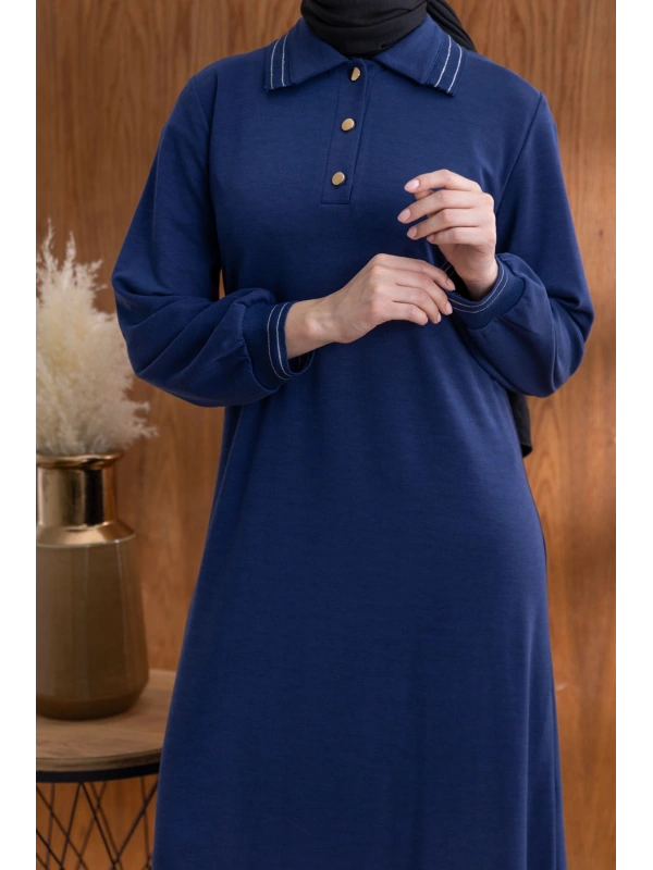 YAKASI VE MANŞETİ RİBANALI ELBİSE - LACİVERT