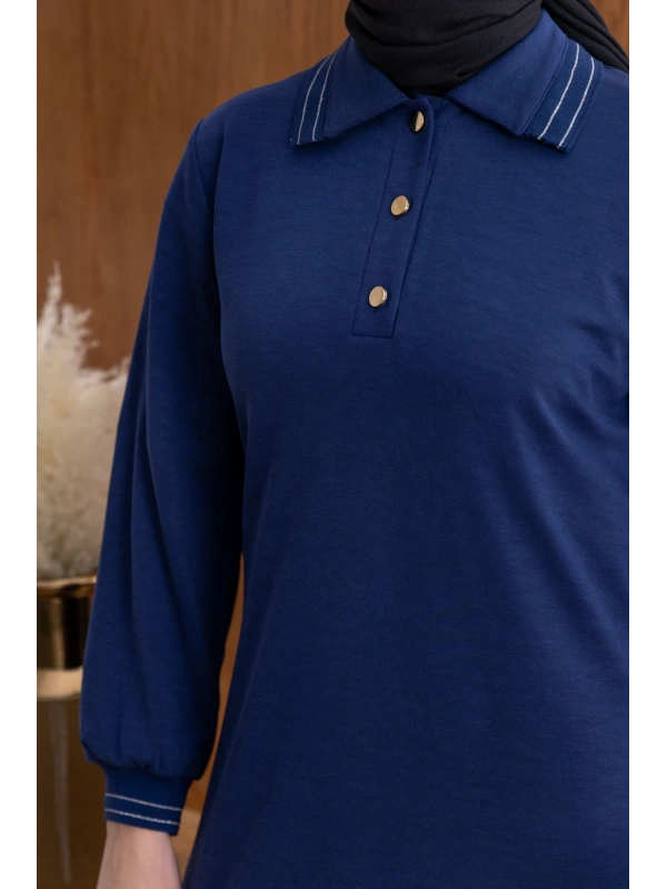 YAKASI VE MANŞETİ RİBANALI ELBİSE - LACİVERT