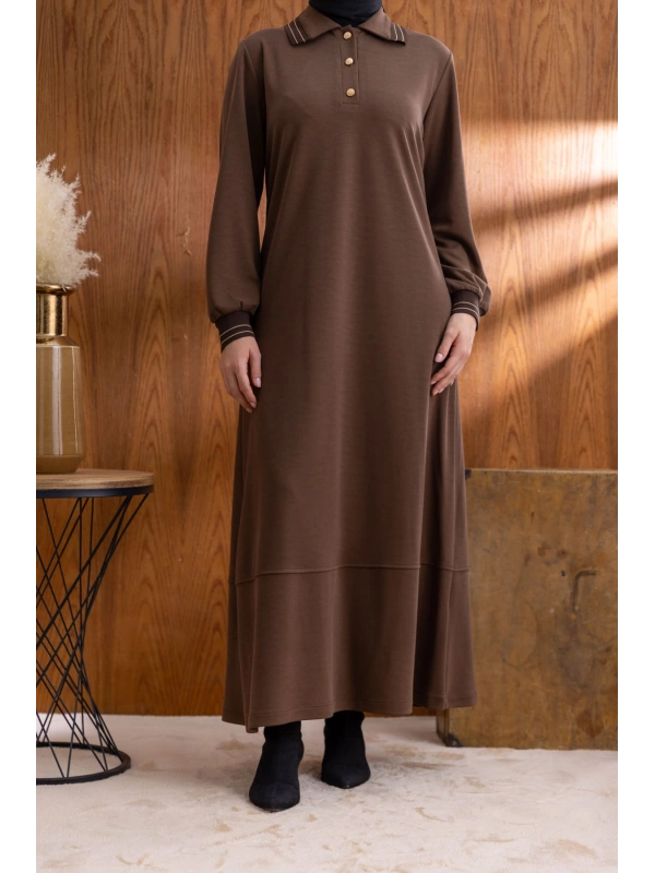 YAKASI VE MANŞETİ RİBANALI ELBİSE - KAHVE