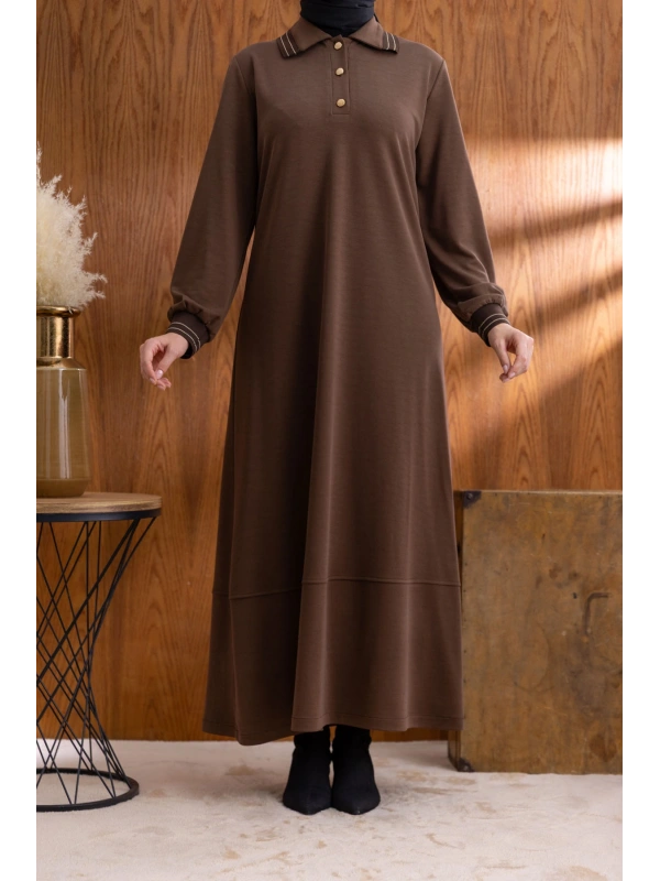 YAKASI VE MANŞETİ RİBANALI ELBİSE - KAHVE