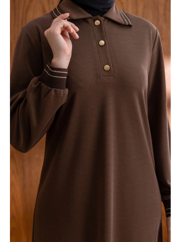 YAKASI VE MANŞETİ RİBANALI ELBİSE - KAHVE