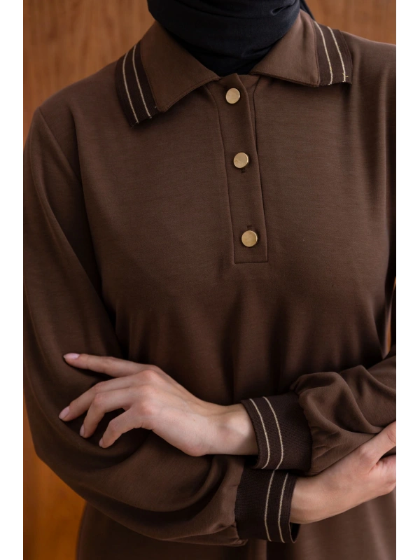 YAKASI VE MANŞETİ RİBANALI ELBİSE - KAHVE