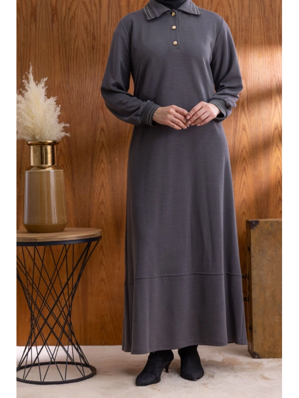 YAKASI VE MANŞETİ RİBANALI ELBİSE - ANTRASİT