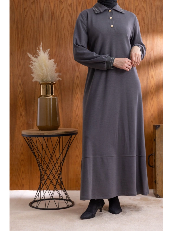 YAKASI VE MANŞETİ RİBANALI ELBİSE - ANTRASİT