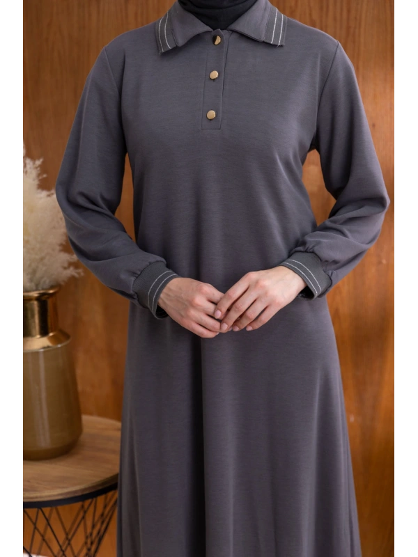 YAKASI VE MANŞETİ RİBANALI ELBİSE - ANTRASİT