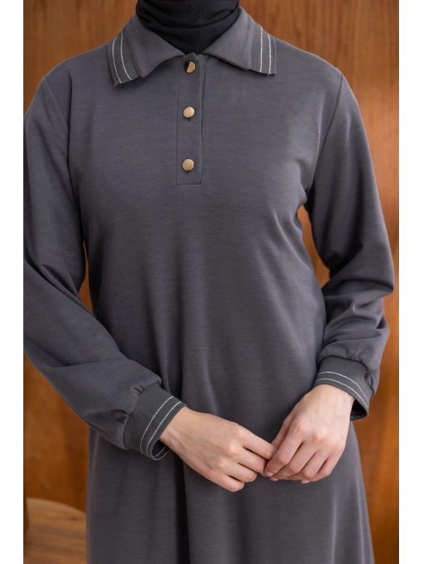 YAKASI VE MANŞETİ RİBANALI ELBİSE - ANTRASİT