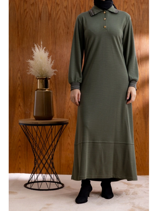 YAKASI VE MANŞETİ RİBANALI ELBİSE - HAKİ