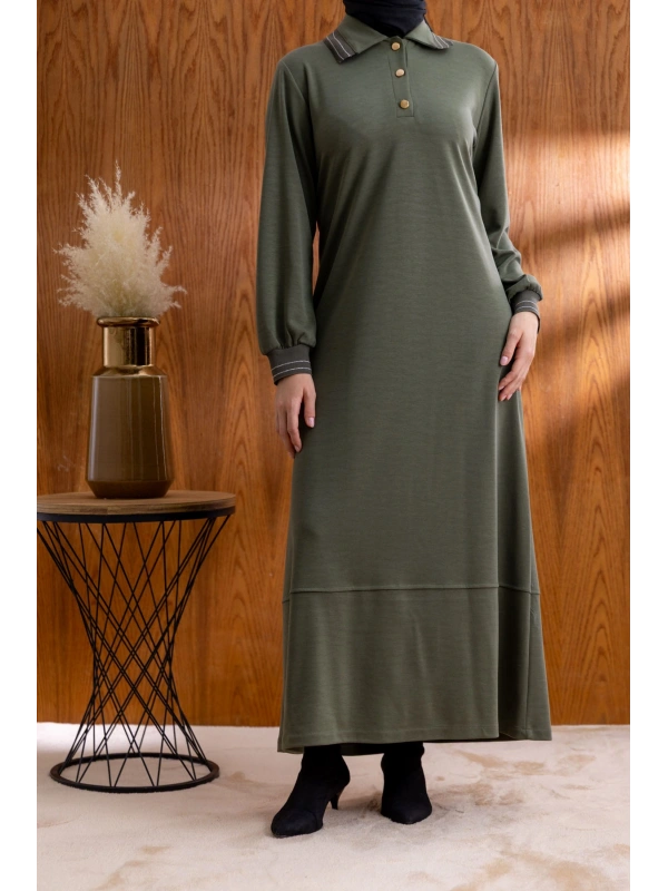 YAKASI VE MANŞETİ RİBANALI ELBİSE - HAKİ