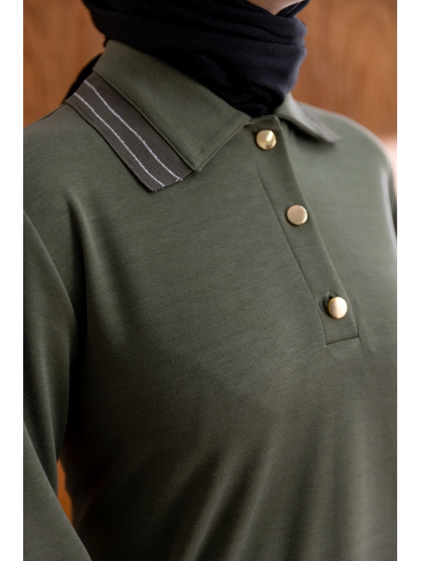 YAKASI VE MANŞETİ RİBANALI ELBİSE - HAKİ